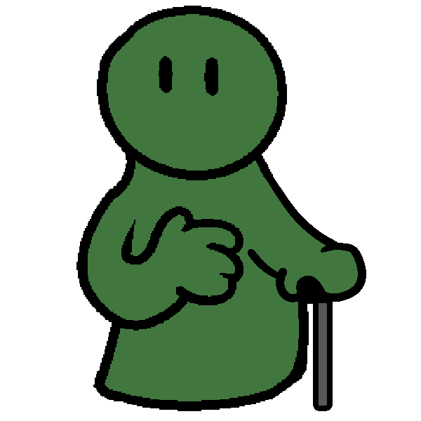 A green figure with one hand on their chest and a cane in the other.